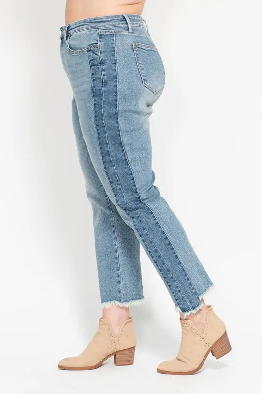 JUDY BLUE Full Size Vintage Wash Side Panel Detail with Fray Hem Slim Plus Size on Simply Obsessed