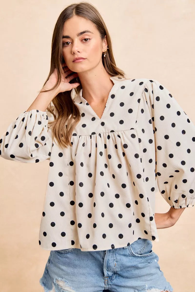 BIBI Polka Dot Corduroy Quarter Sleeves V Neck Blouse on Simply Obsessed