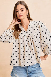 BIBI Polka Dot Corduroy Quarter Sleeves V Neck Blouse on Simply Obsessed