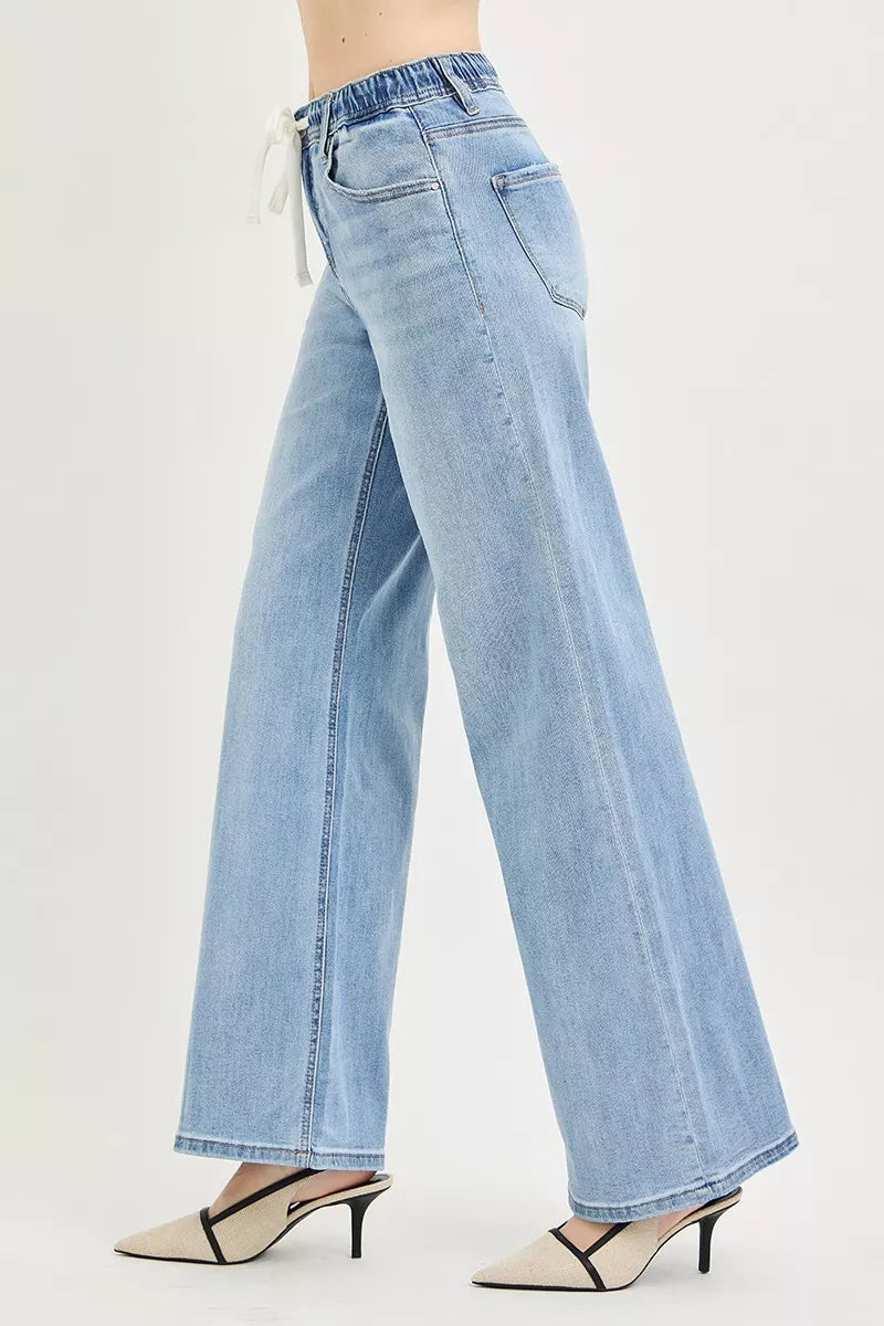 RISEN Elastic Band Slouchy Wide Jeans with Drawstring on Simply Obsessed