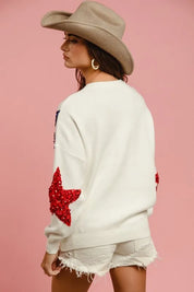BiBi Velvet Sequin Star Patches Sweater Top on Simply Obsessed