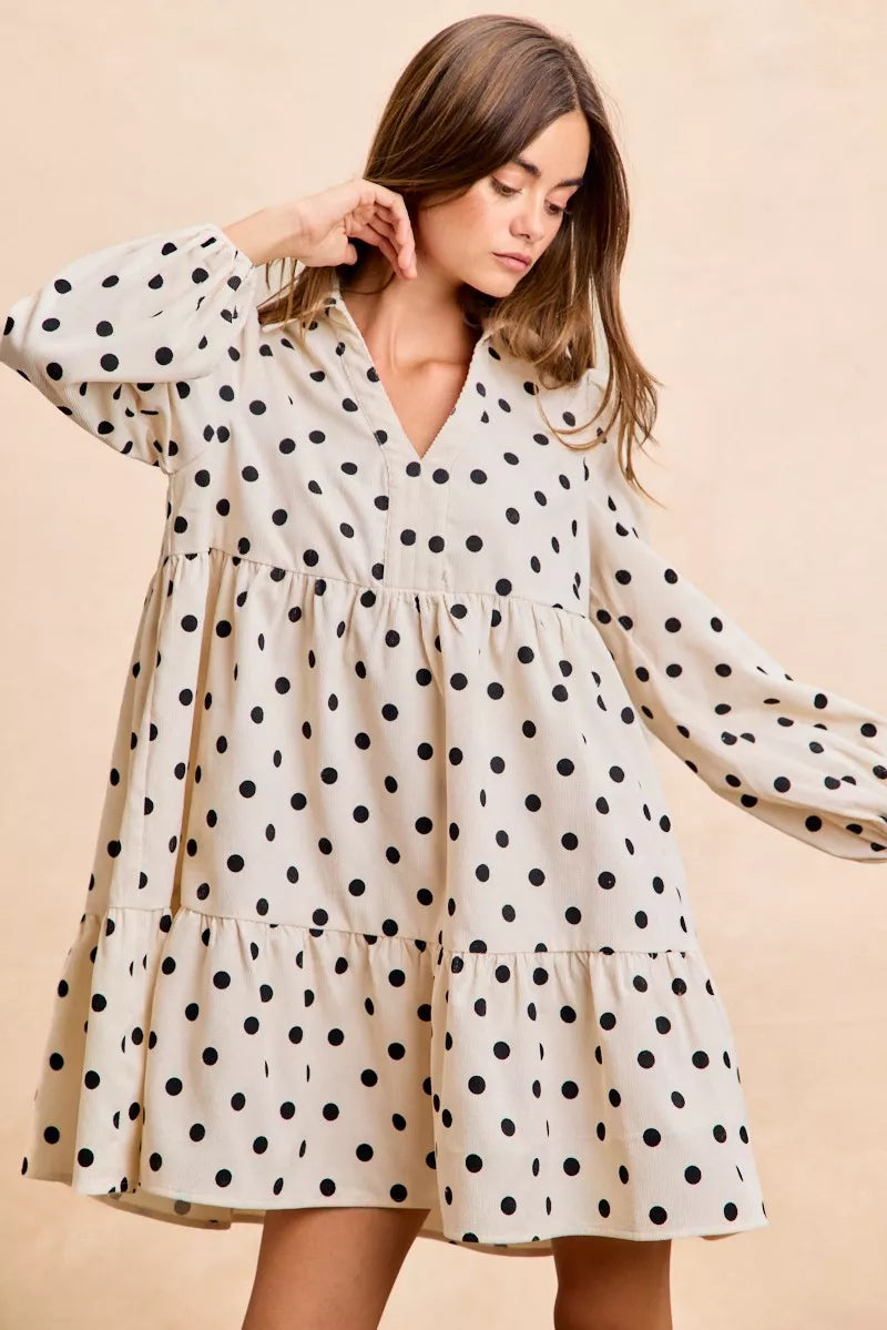 BIBI Polka Dot Corduroy Collared V Neck Dress on Simply Obsessed