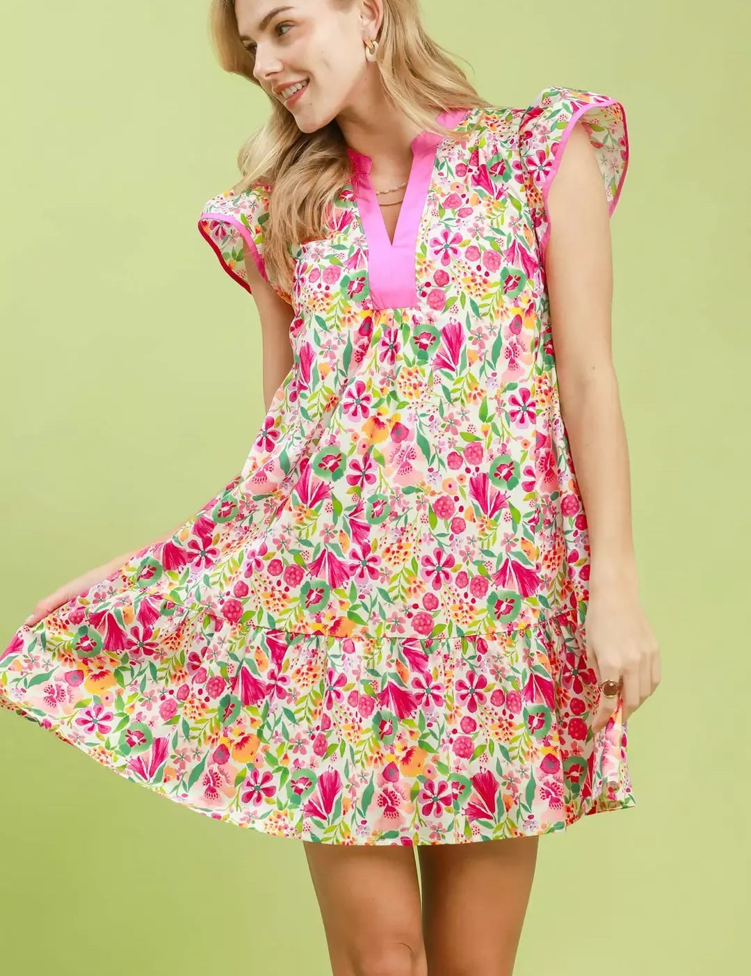 UMGEE Floral Flutter Sleeve Tiered Mini Dress on Simply Obsessed