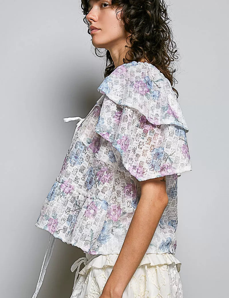 POL Lace Detail Floral Tie Front Ruffle Short Sleeve Blouse on Simply Obsessed