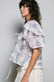POL Lace Detail Floral Tie Front Ruffle Short Sleeve Blouse on Simply Obsessed