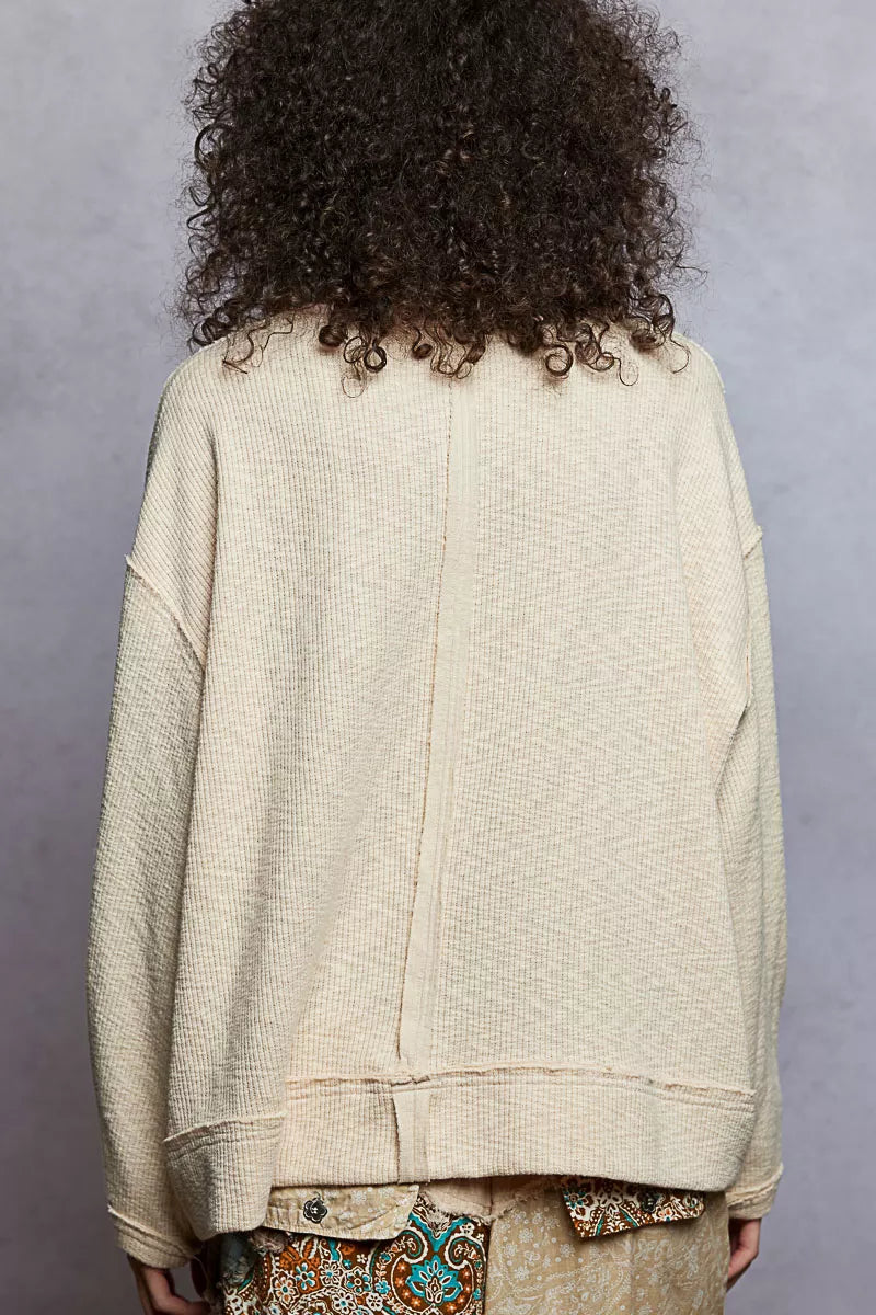 POL Balloon Sleeve Oversized Ribbed Top with Floral Pattern Contrast on Simply Obsessed