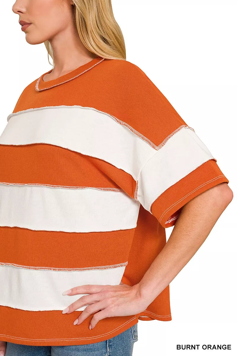 ZENANA French Terry Striped Exposed Seam Top on Simply Obsessed
