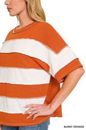 ZENANA French Terry Striped Exposed Seam Top on Simply Obsessed