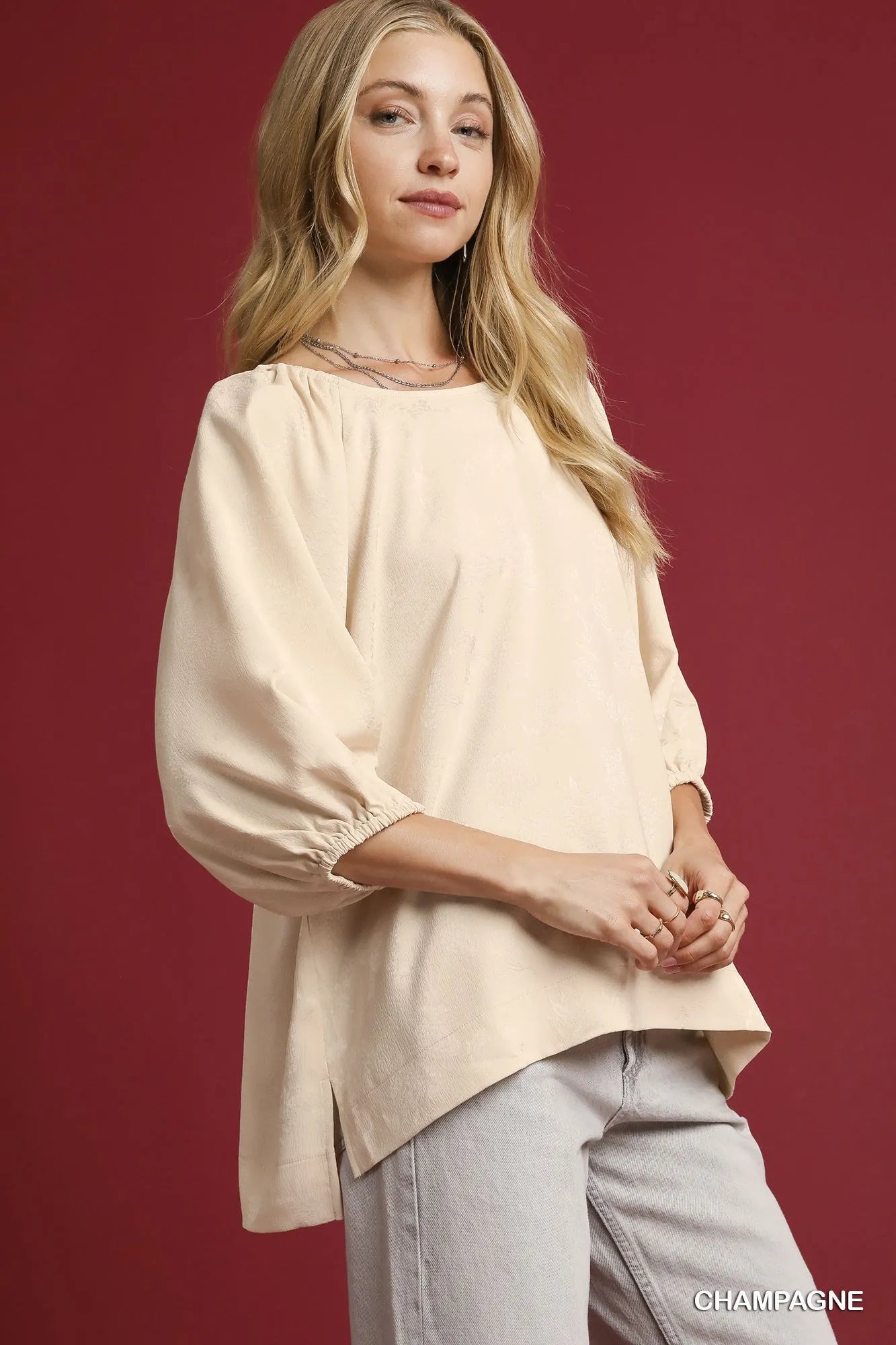Umgee Satin Jacquard Balloon Sleeve Blouse on Simply Obsessed
