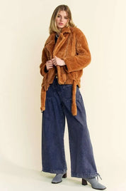 DAVI & DANI Fuzzy Zip Up Collared Neck Jacket on Simply Obsessed