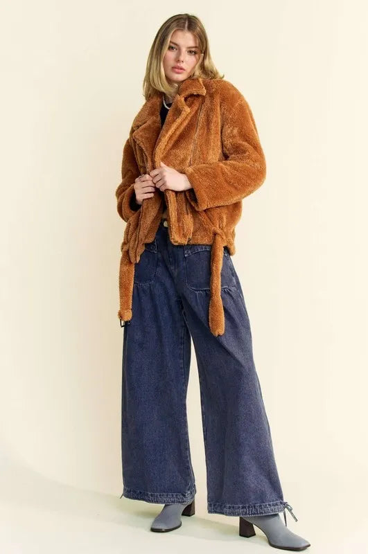 DAVI & DANI Fuzzy Zip Up Collared Neck Jacket on Simply Obsessed