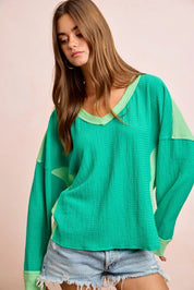 BIBI Textured Jersey Color Block Top With Cut Edge on Simply Obsessed