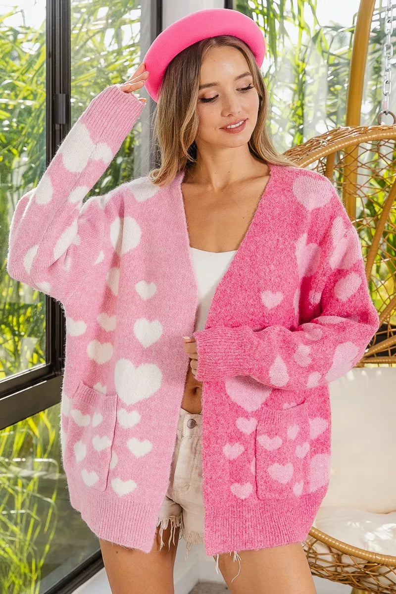 BIBI Heart Color Block V-Beck Knit Cardigan with Pockets on Simply Obsessed