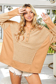 BiBi Thumb Opening Long Sleeve Top with Kangaroo Pocket. **FALL DEBUT SALE** on Simply Obsessed