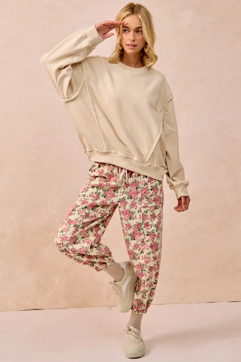 BIBI Floral Printed Twill Drawstring Pants With Elastic Band on Simply Obsessed