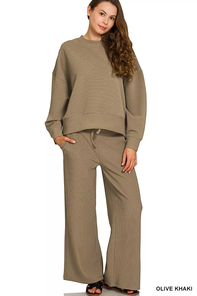 Zenana Ribbed Round Neck Pullover and Drawstring Pants Set on Simply Obsessed