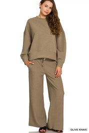 Zenana Ribbed Round Neck Pullover and Drawstring Pants Set on Simply Obsessed