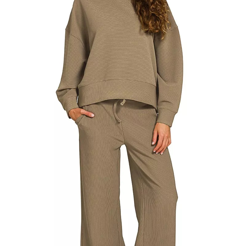 Zenana Ribbed Round Neck Pullover and Drawstring Pants Set on Simply Obsessed