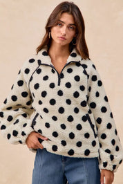 BIBI Polka Dot Sherpa Half Zip Up Top with Side Pocket on Simply Obsessed
