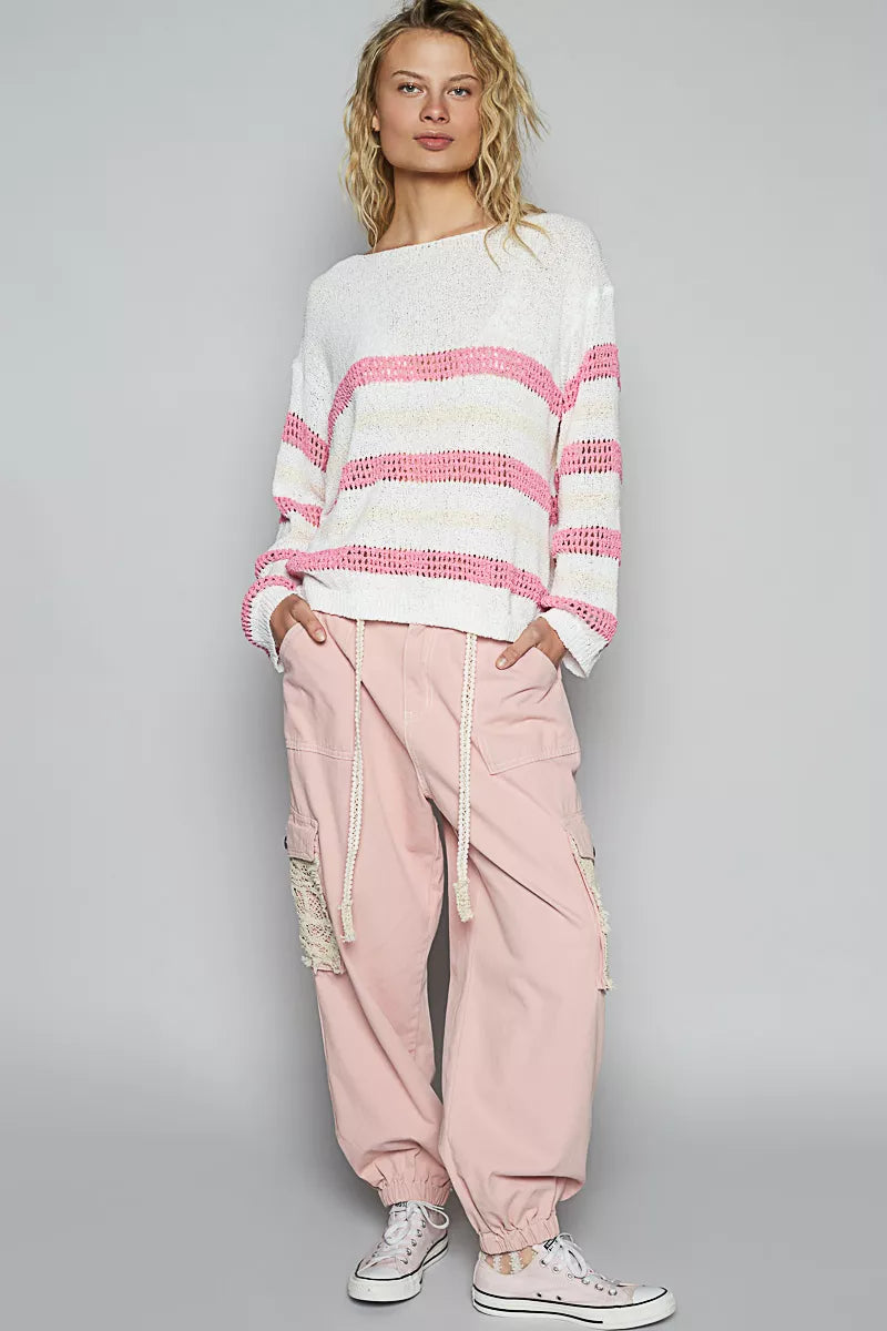POL Striped Openwork Round Neck Knit Top on Simply Obsessed
