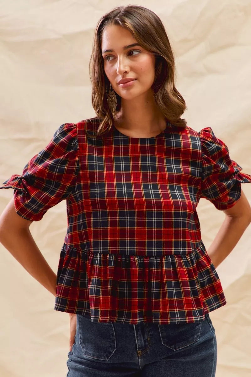 SO ME Christmas Holiday Plaid Ribbon Short Sleeves Top on Simply Obsessed