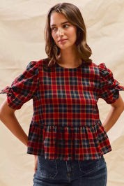 SO ME Christmas Holiday Plaid Ribbon Short Sleeves Top on Simply Obsessed