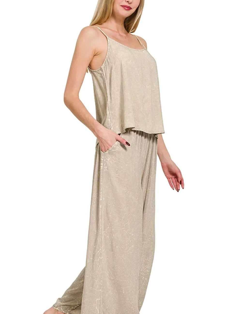 ZENANA Woven Acid Crinkle Washed Cami & Pants 2 Piece Set on Simply Obsessed