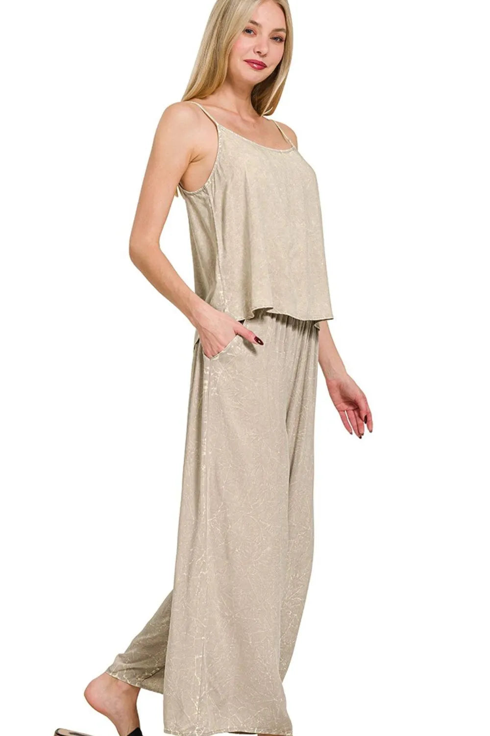 ZENANA Woven Acid Crinkle Washed Cami & Pants 2 Piece Set on Simply Obsessed