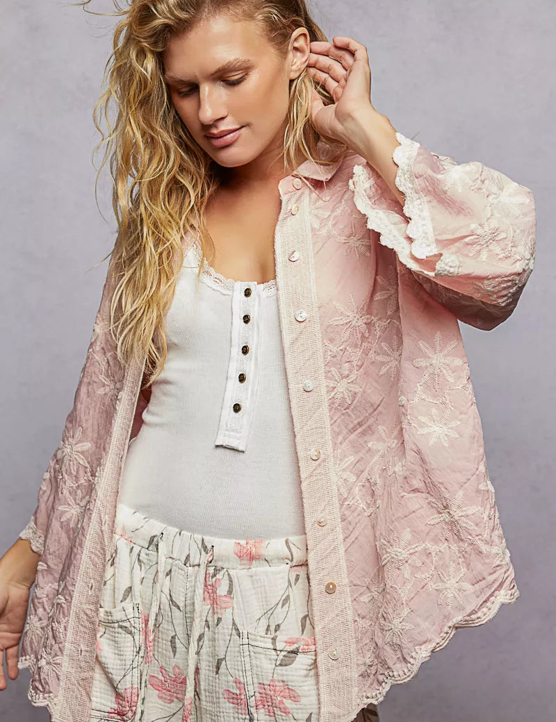 POL Embroidered Floral Collared Neck Shirt with Scalloped Edges on Simply Obsessed