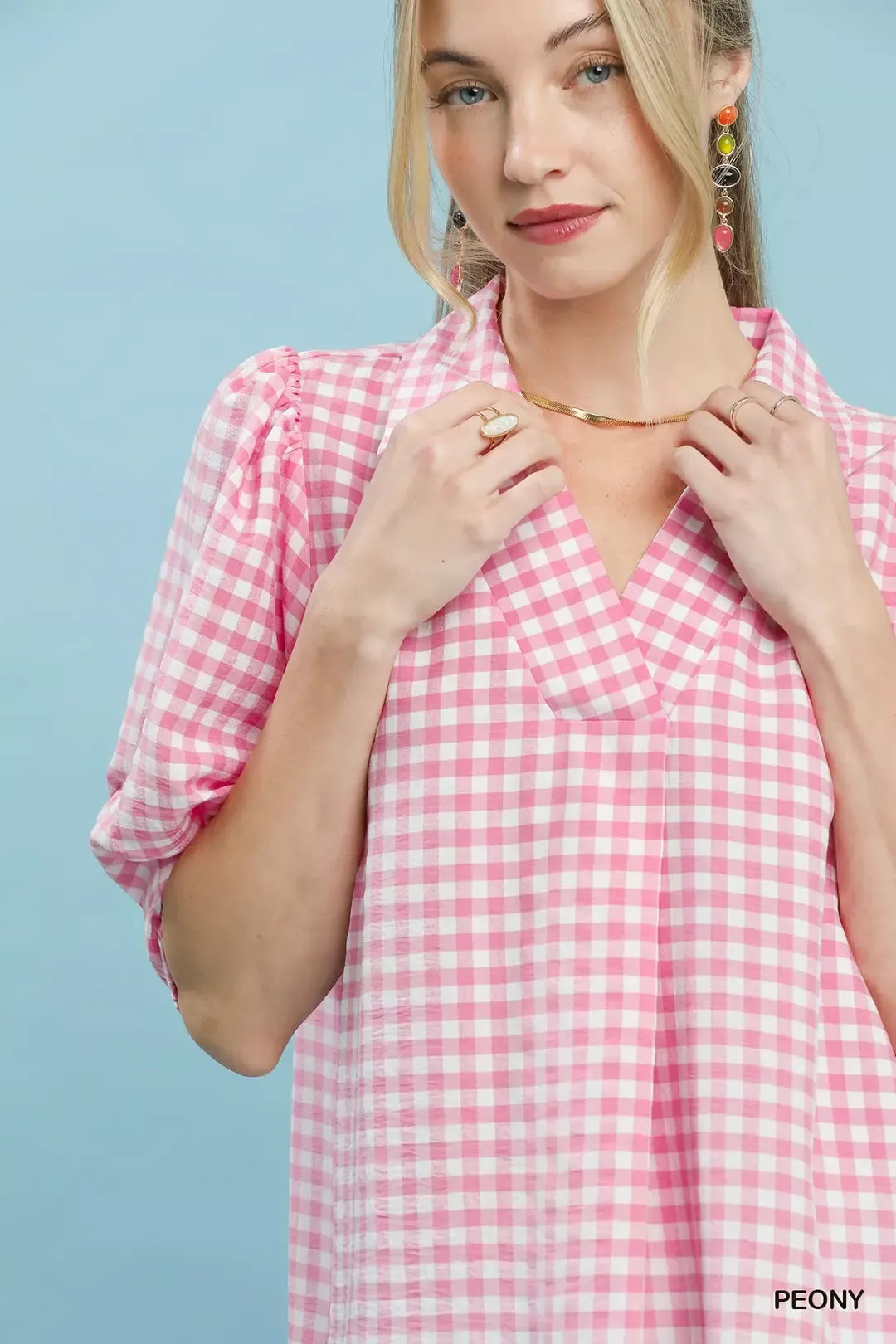 UMGEE Gingham Puff Sleeve Collared Blouse on Simply Obsessed