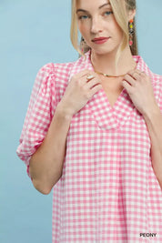 UMGEE Gingham Puff Sleeve Collared Blouse on Simply Obsessed