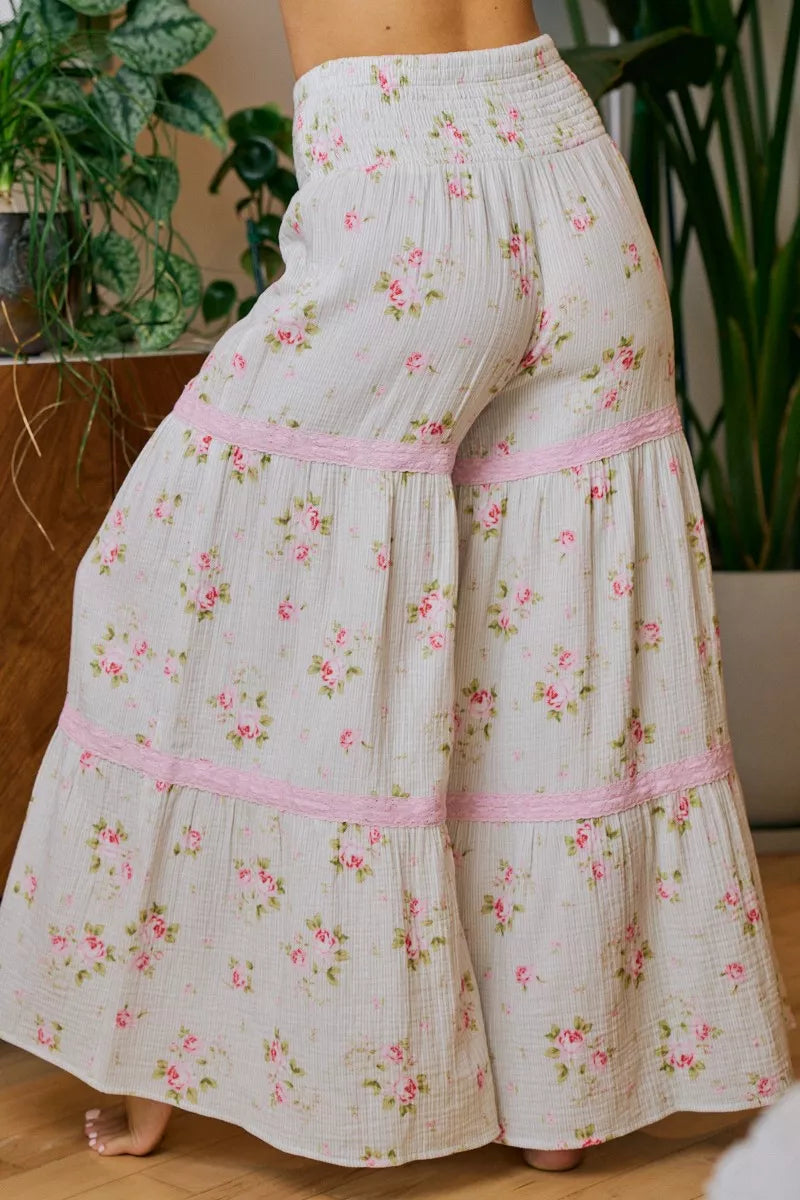 BIBI Rose Printed Gauze Trim Detail Smocked Maxi Pants on Simply Obsessed