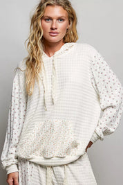 POL Mixed Knit Contrast Print Sleeve Hoodie with Kangaroo Pocket on Simply Obsessed