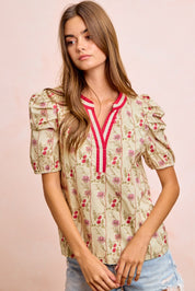 BIBI Floral Gather Sleeves Contrast Neckband Blouse Top on Simply Obsessed