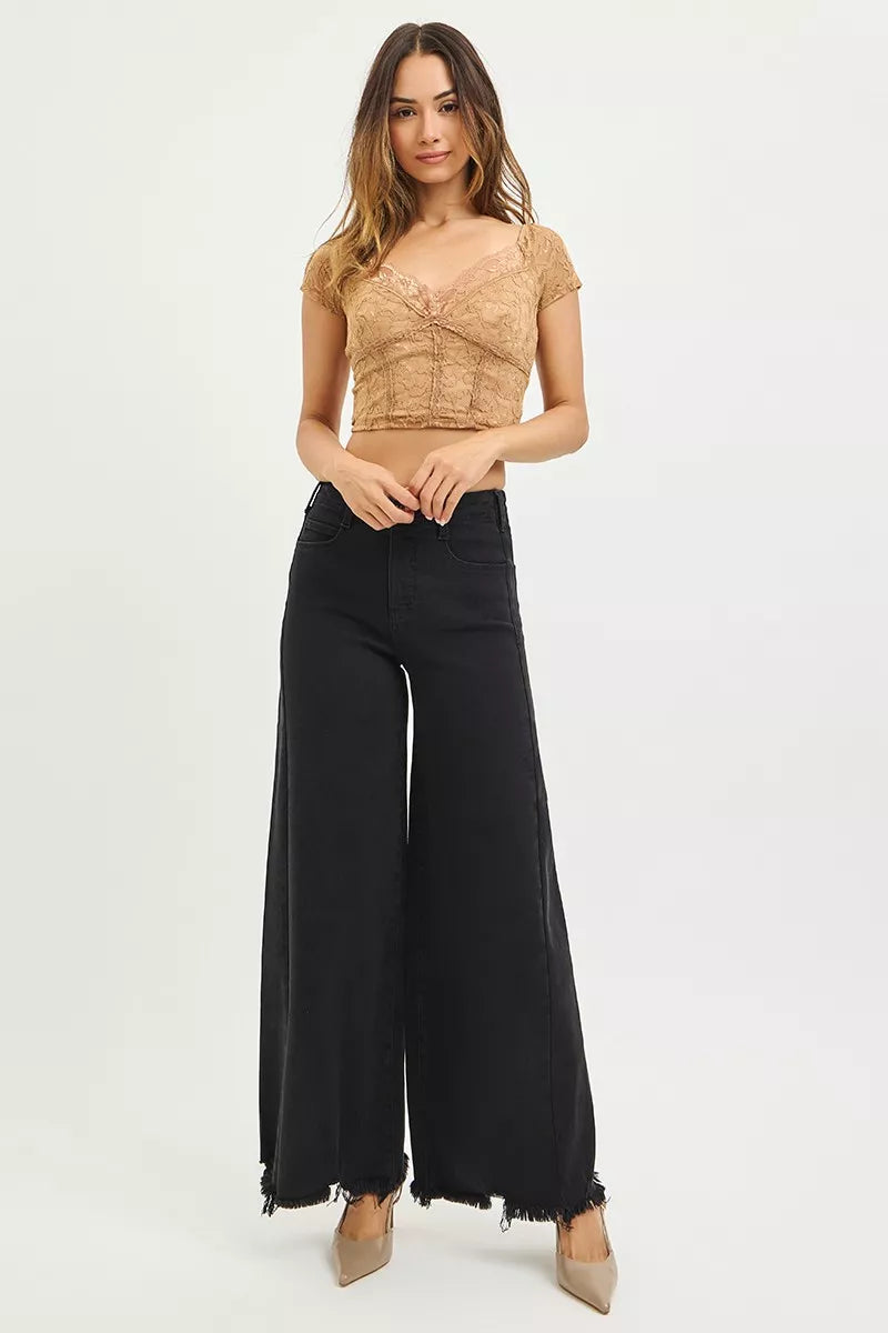 RISEN Tummy Control High Rise Palazzo Leg Frayed Hem Jeans on Simply Obsessed