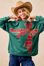 BIBI Plaid Ribbon Bow Detail Christmas Fleece Pullover on Simply Obsessed