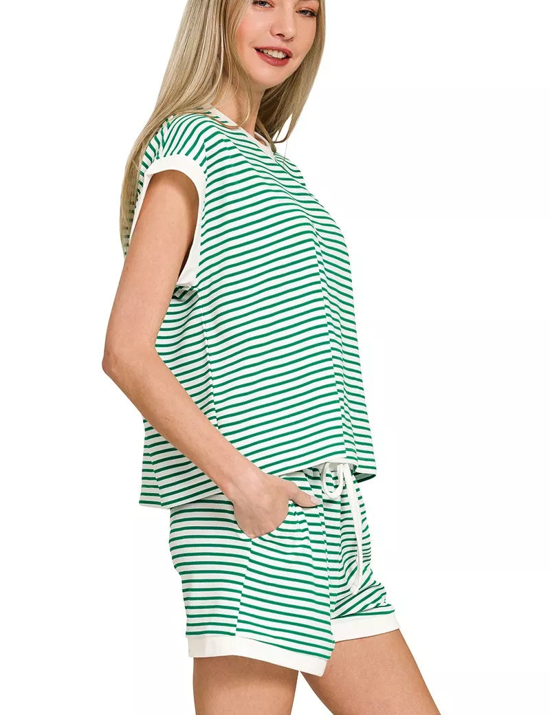 ZENANA Stripe Contrast Trim Top & Shorts Set on Simply Obsessed