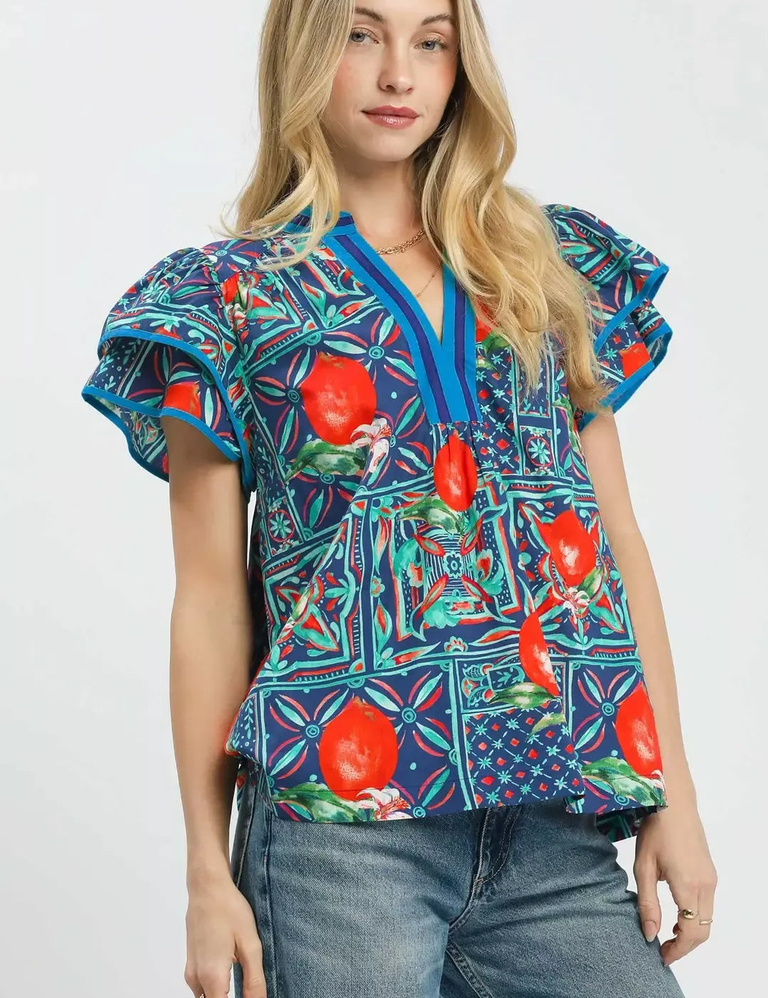 UMGEE Abstract Print Flutter Sleeve Blouse on Simply Obsessed