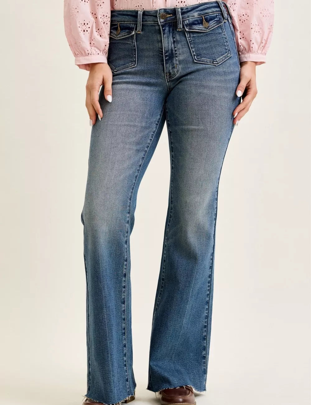 JUDY BLUE Mid Rise Flare Jeans with Front Flap Pockets on Simply Obsessed