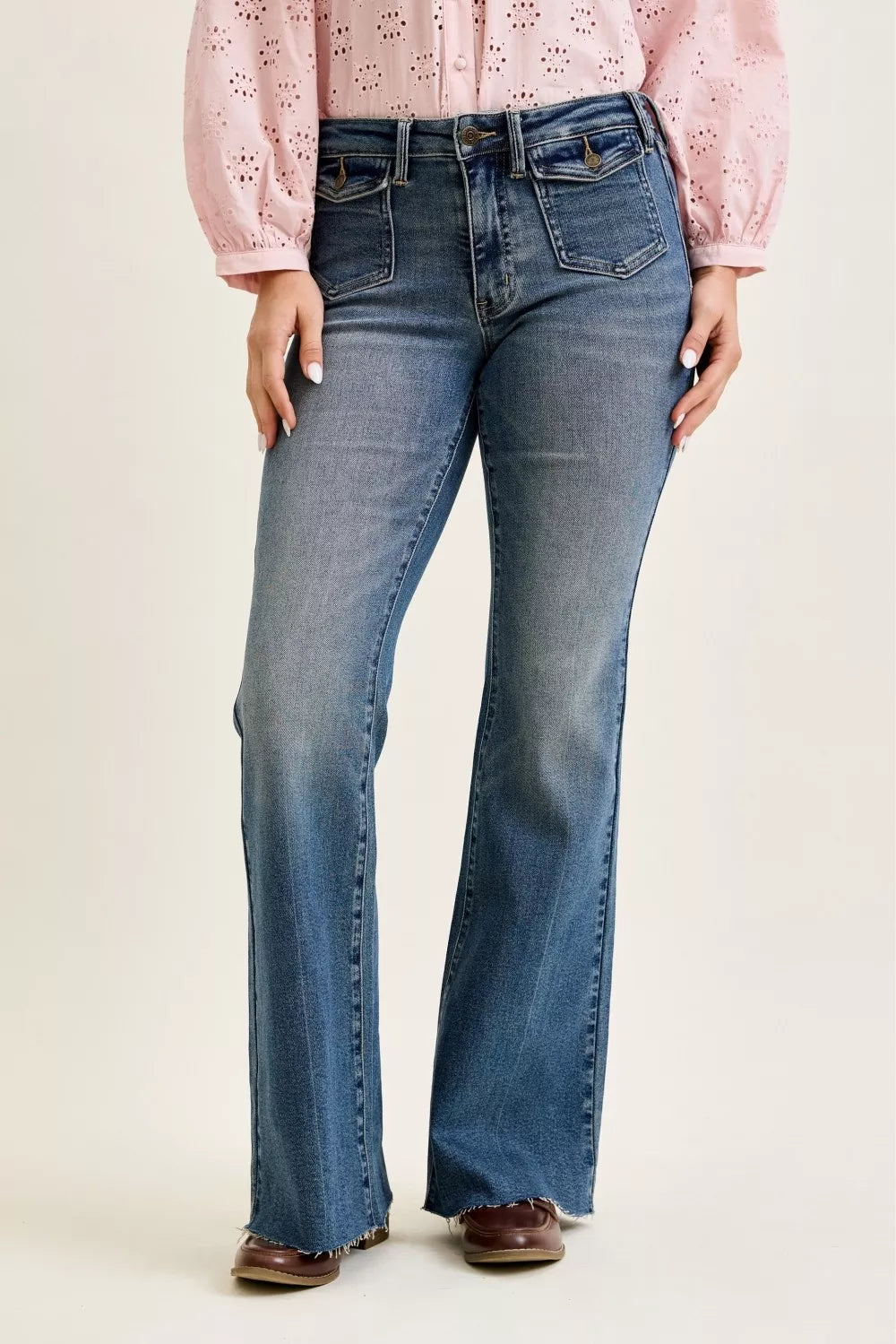 JUDY BLUE Mid Rise Flare Jeans with Front Flap Pockets on Simply Obsessed