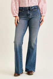 JUDY BLUE Mid Rise Flare Jeans with Front Flap Pockets on Simply Obsessed
