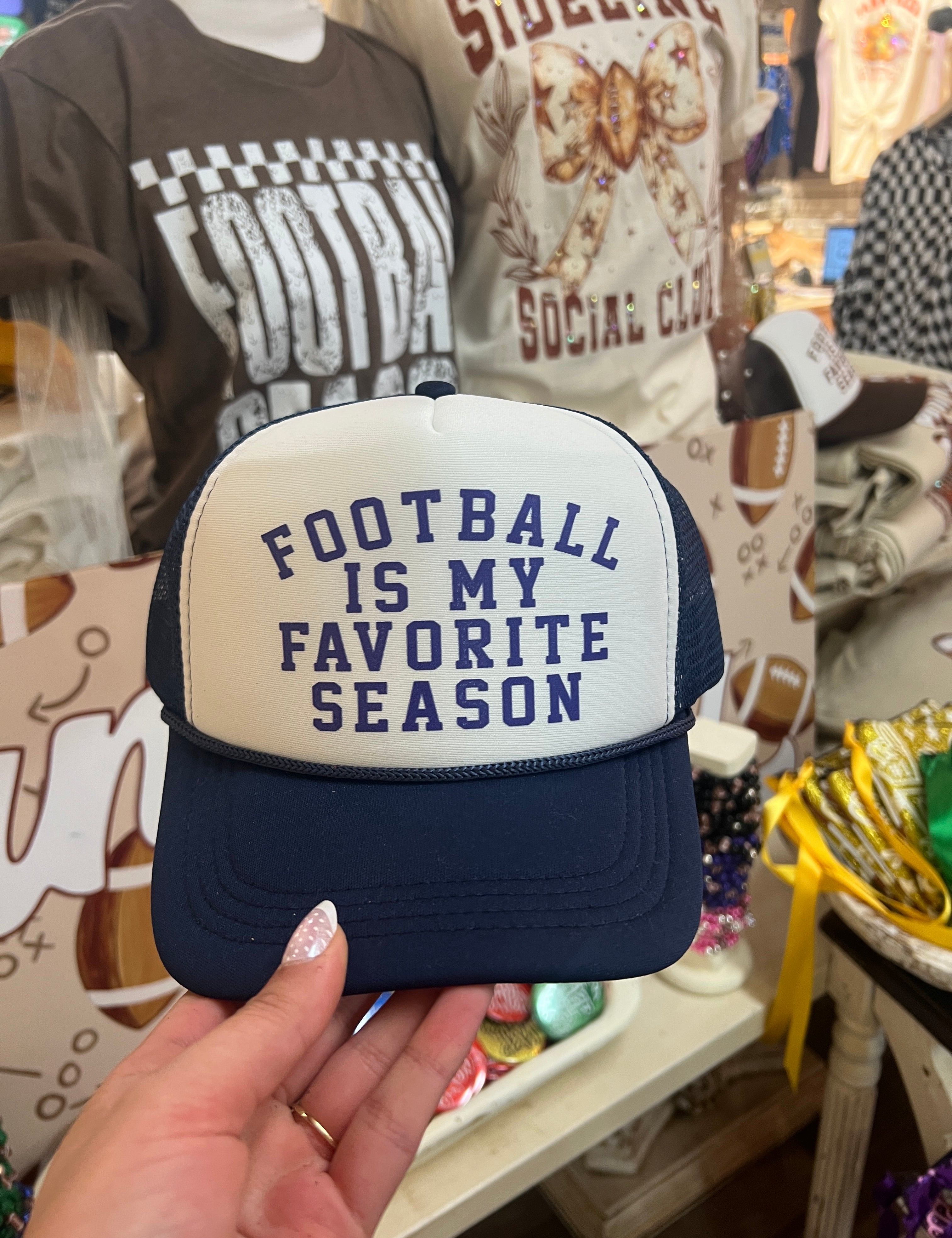 KIG Football Is My Favorite Season Navy Blue Trucker Hat on Simply Obsessed
