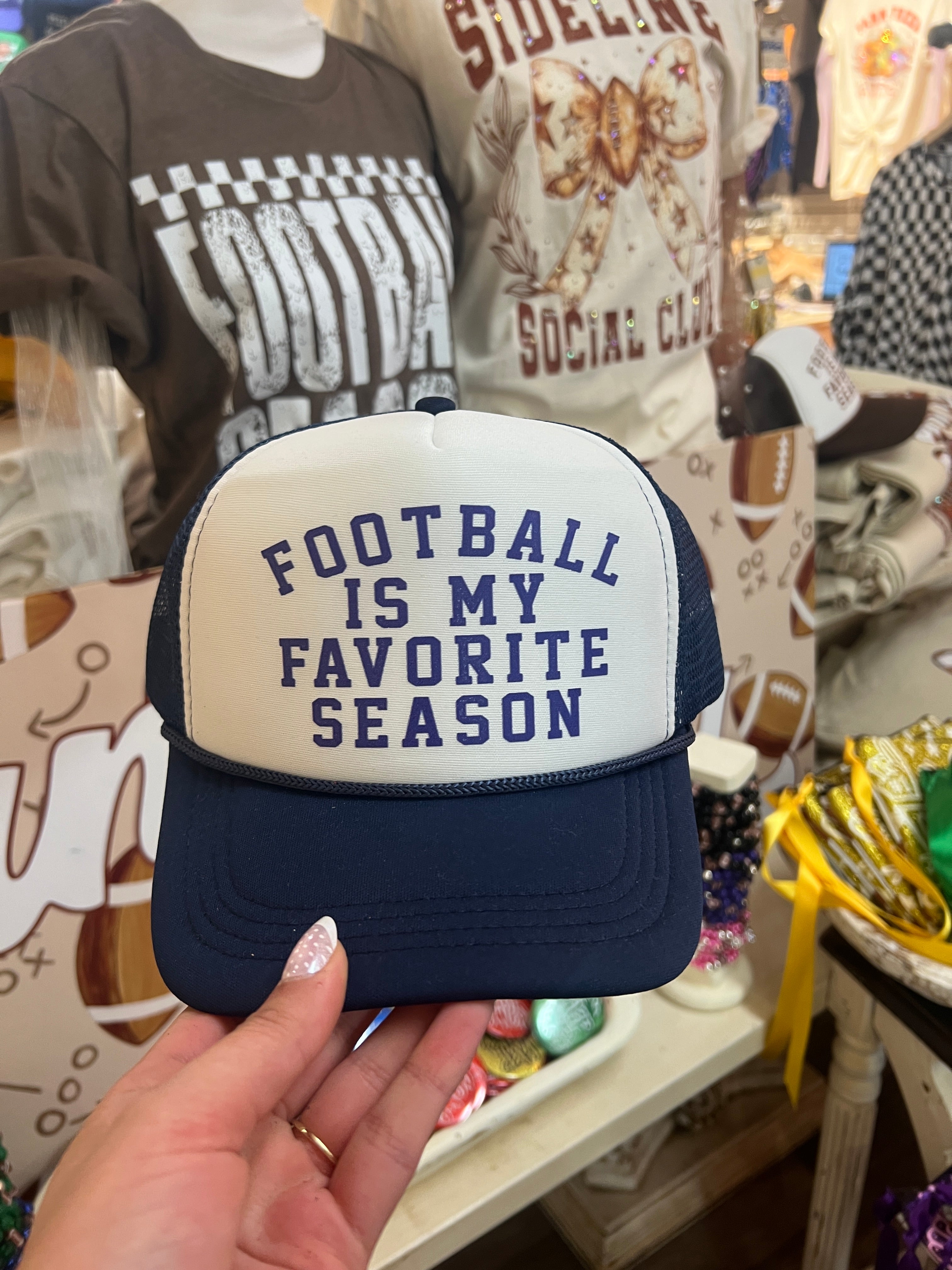 KIG Football Is My Favorite Season Navy Blue Trucker Hat on Simply Obsessed