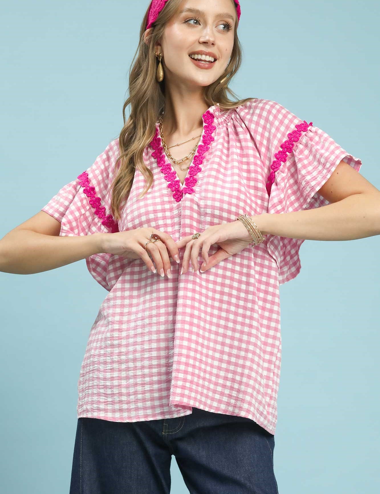 UMGEE Gingham Lace Trim Top on Simply Obsessed
