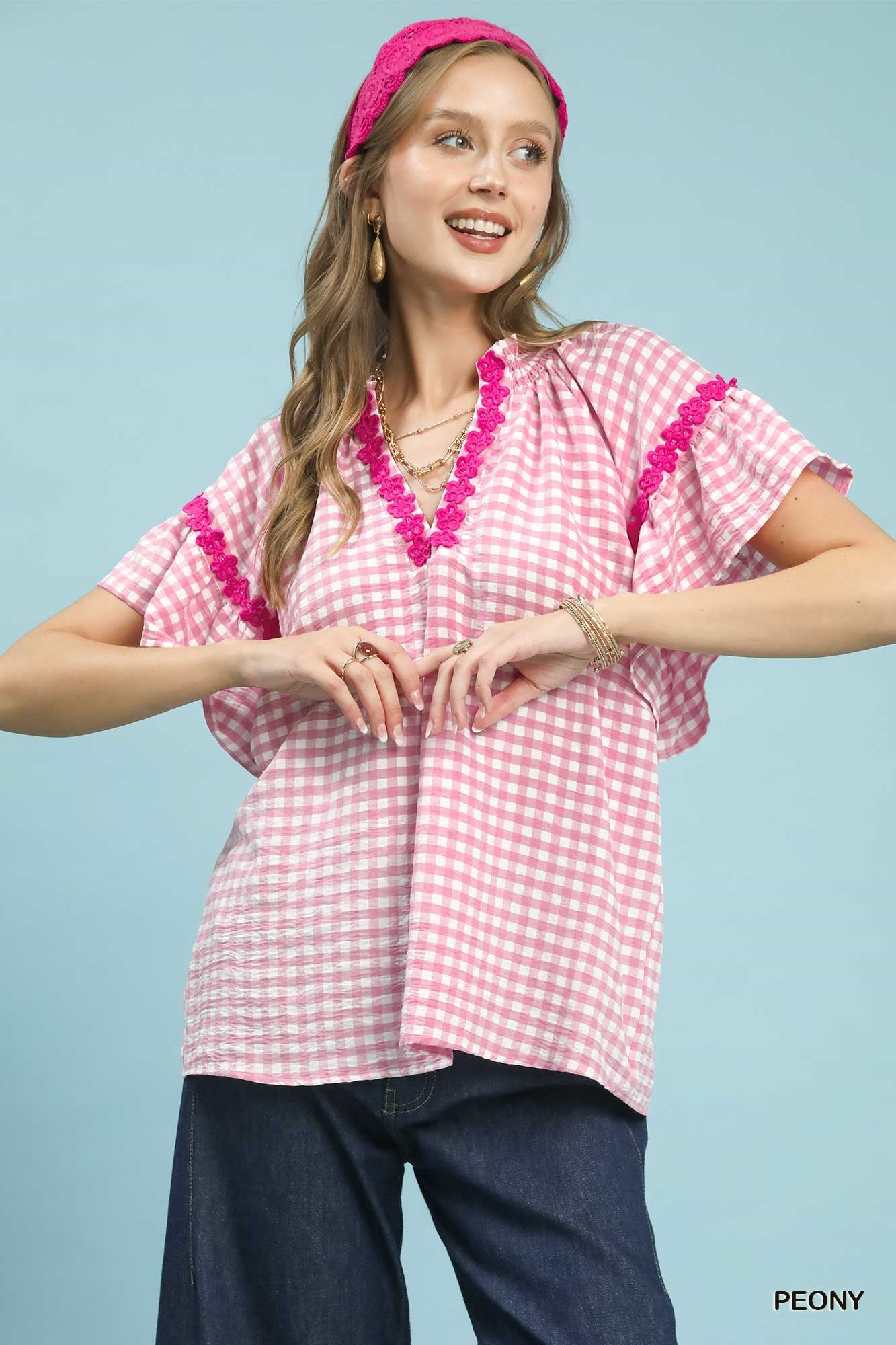 UMGEE Gingham Lace Trim Top on Simply Obsessed