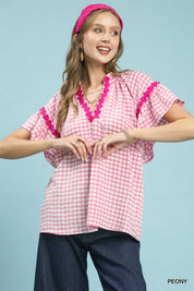 UMGEE Gingham Lace Trim Top on Simply Obsessed