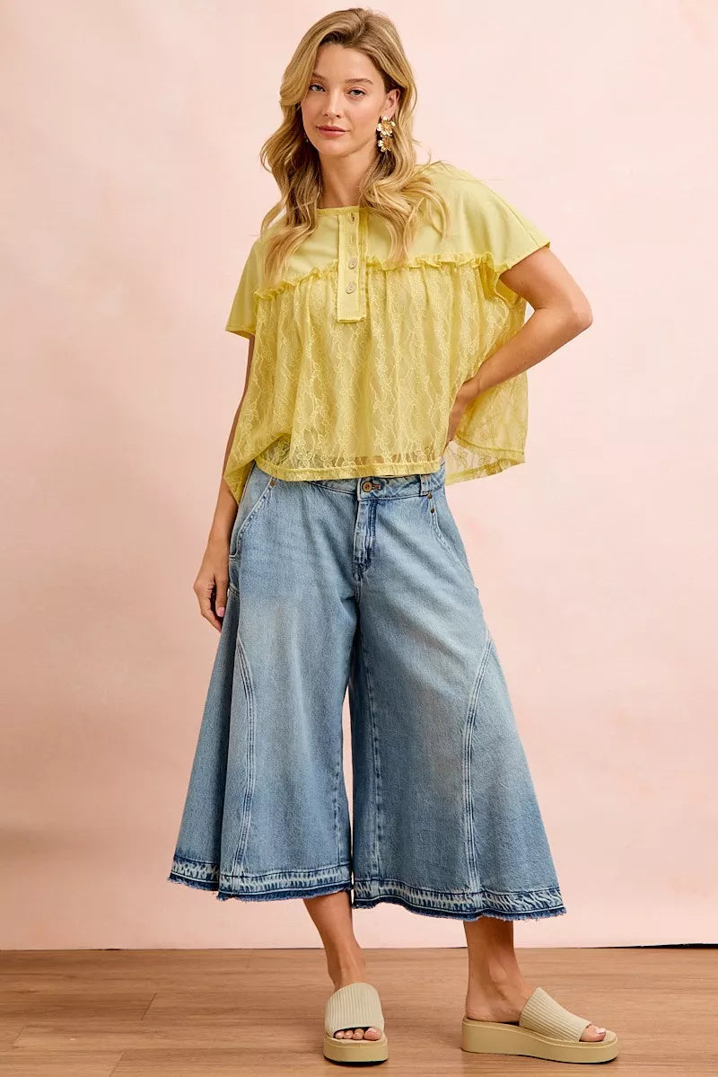 BIBI Solid Jersey With Lace Combo Ruffled Buttoned Top on Simply Obsessed