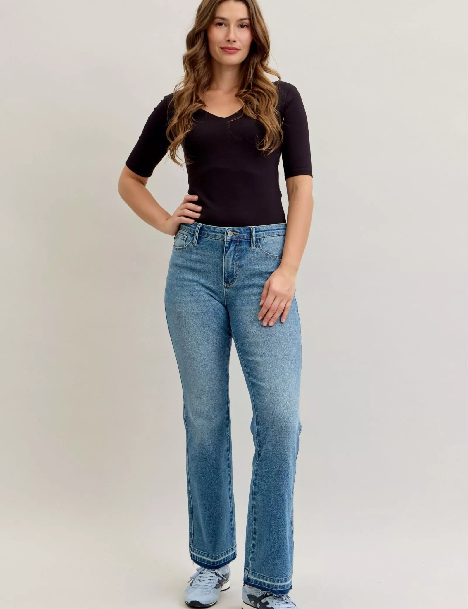 Judy Blue Full Size Mid Rise Slim Bootcut Tummy Control Release Hem Jeans Plus Size on Simply Obsessed