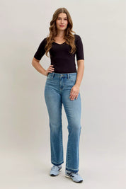 Judy Blue Full Size Mid Rise Slim Bootcut Tummy Control Release Hem Jeans Plus Size on Simply Obsessed