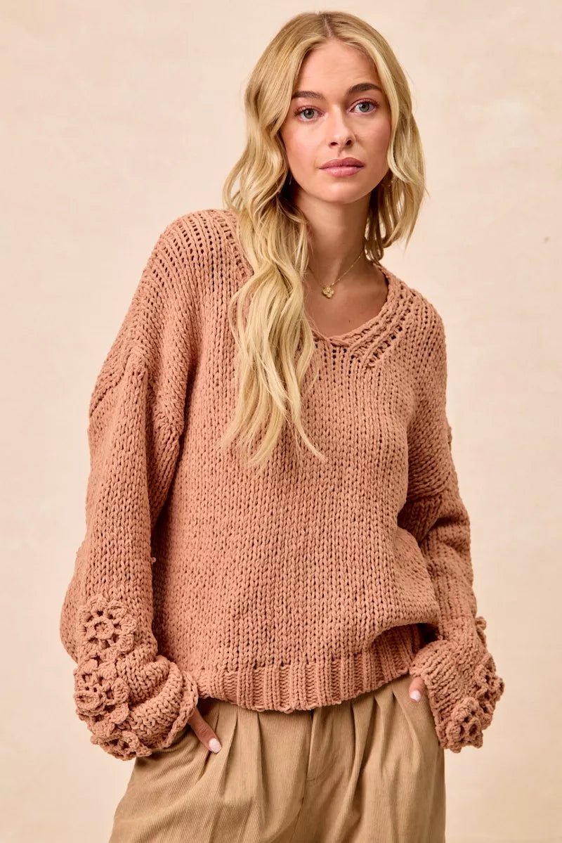 BiBi Chunky Knit Sweater with Flower Detail Sleeves on Simply Obsessed